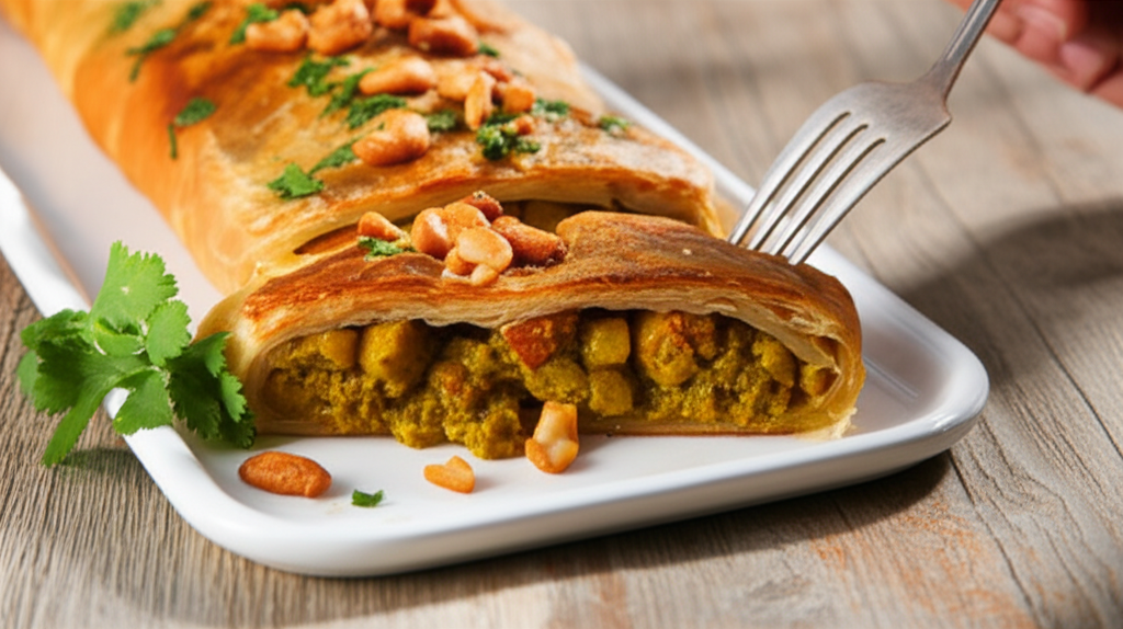 Strudel salgado vegetariano de moqueca de banana da terra com castanha de caju crocante.