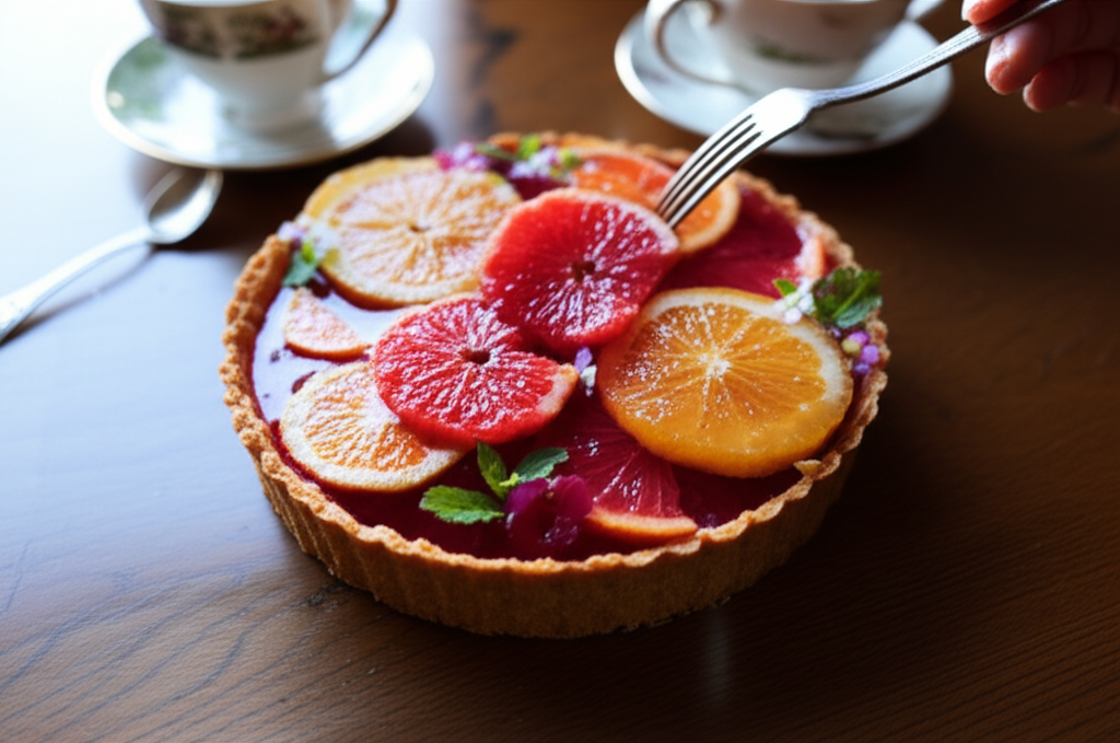 Tartelette refrescante de hibisco e frutas cítricas com massa crocante de amêndoa e cardamomo.