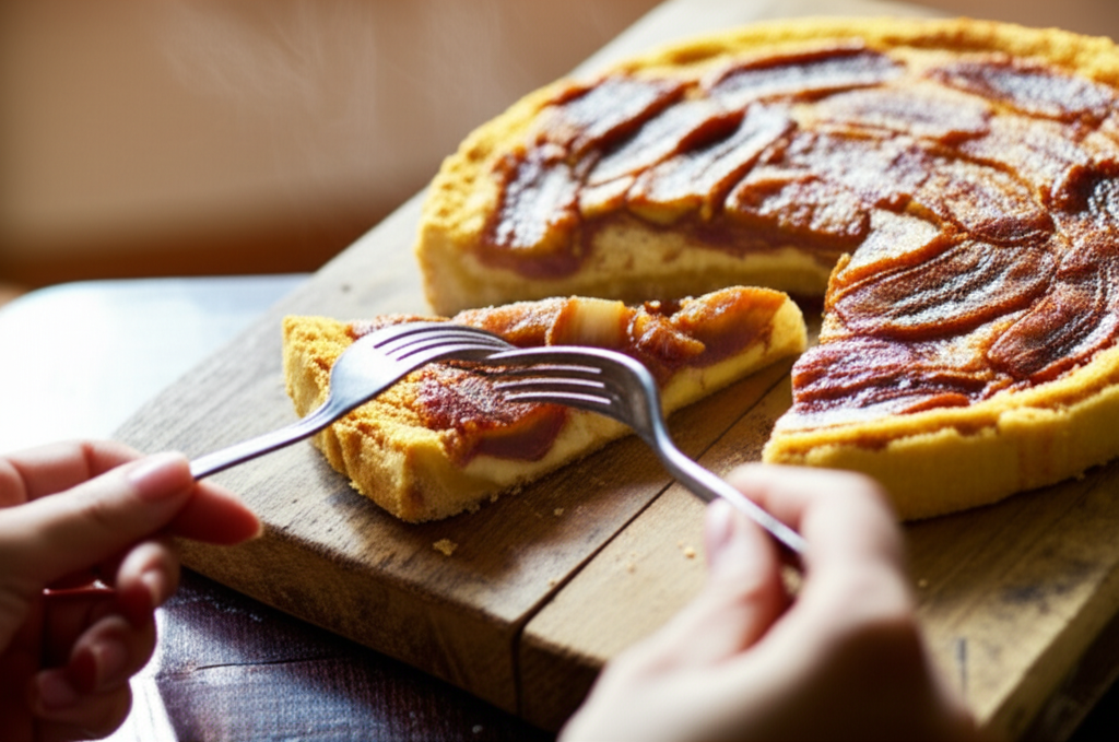 Torta rústica de banana da terra caramelizada, queijo coalho e crosta crocante de fubá em prato de madeira.