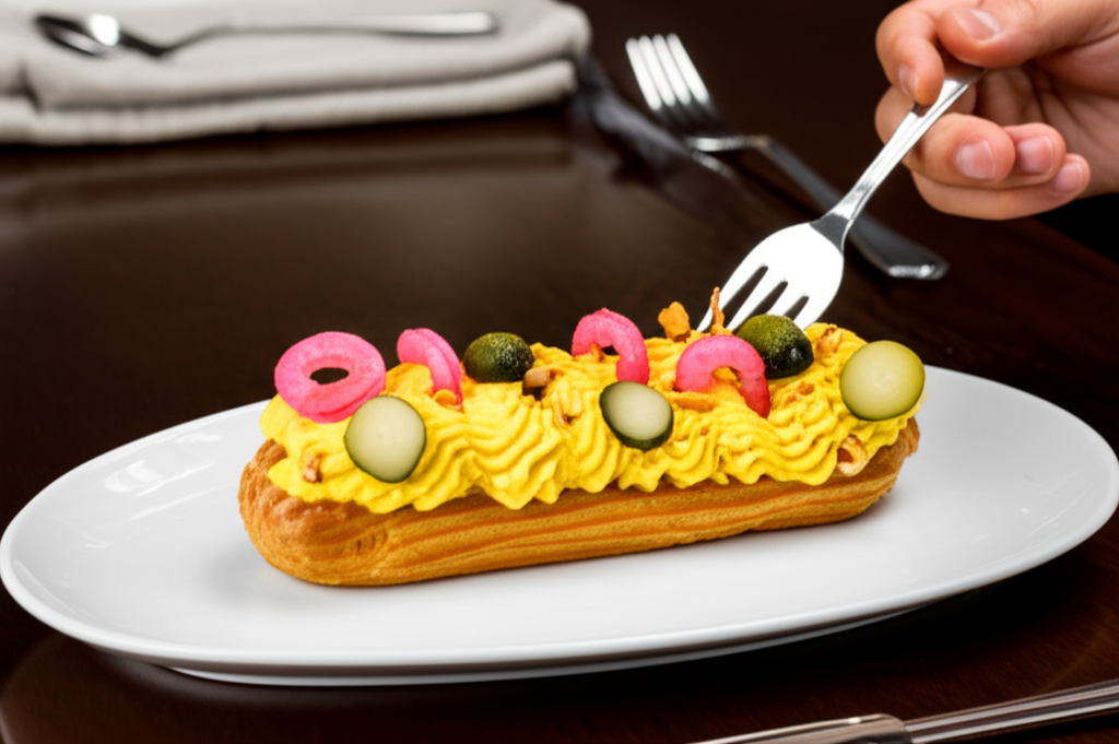 Éclair gourmet de vatapá cremoso, camarão, picles de maxixe e crocante de castanha-do-pará.